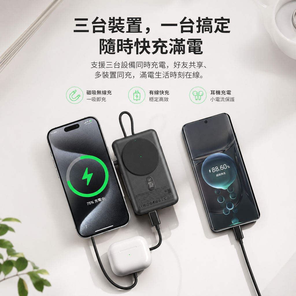Qi2.2行動電源 半固態磁吸無線快充