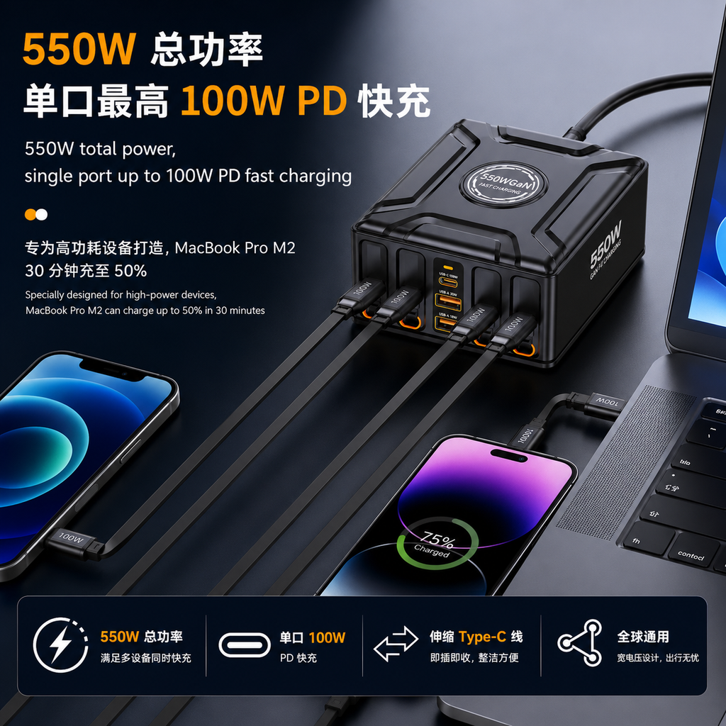 550W GaN 氮化鎵桌面充電站